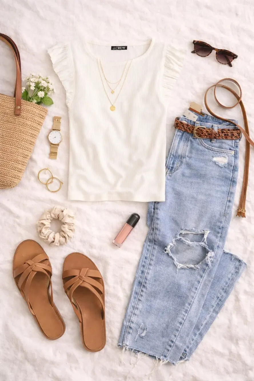 NWT J. Crew Women's Vintage Ribbed Ruffle Boatneck Tank Top Ivory Size XXS